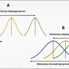 Wykresy A i B ilustrują analizę wariancji (ANOVA). W A wariancja międzygrupowa jest duża, a wewnątrzgrupowa mała. W B obie wariancje są mniejsze.