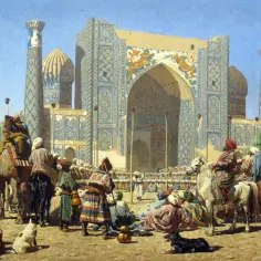 Scena z bazaru w Samarkandzie, gdzie orientalizm w romantyzmie ożywa w barwnych strojach i architekturze.