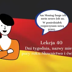 Kobieta mówi po niemiecku o nowej pracy. Lekcja 40 dotyczy dni tygodnia, miesięcy, pór roku. To lekcja dla członków rodziny po niemiecku.