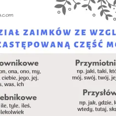 Podział zaimków: rzeczownikowe, liczebnikowe, przymiotnikowe (np. jaki, który) i przysłówkowe.