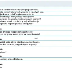 Fragment dramatu ukazujący dialog postaci Fedry i Enony, gdzie pojawiają się kluczowe cechy dramatu: monolog, dialog, postaci i ich emocje.