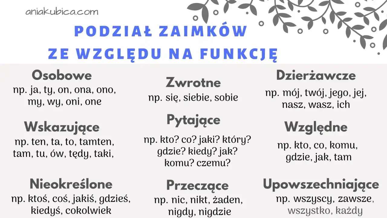 Podział zaimków ze względu na funkcję: pytające (kto? co? jaki? który? gdzie? kiedy? jak? komu? czemu?).