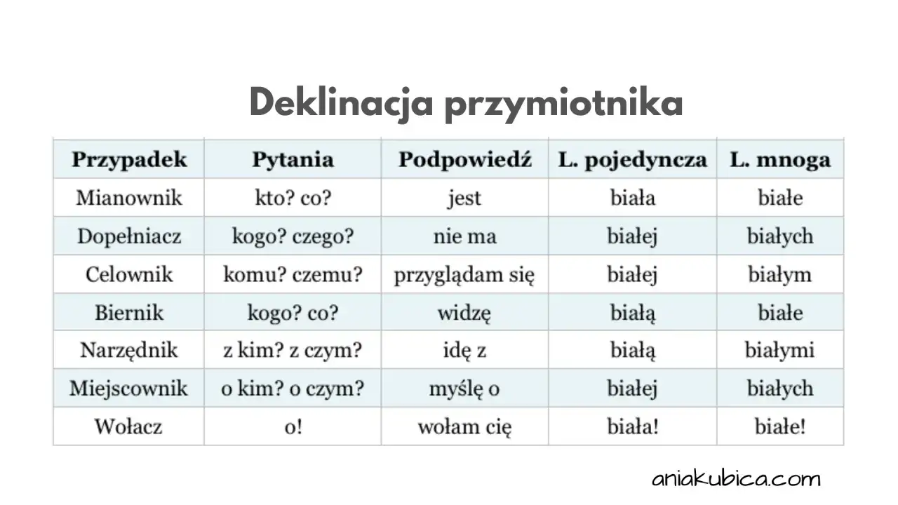 Tabela pokazuje, na co odpowiada przymiotnik w różnych przypadkach. Zobacz, jak zmienia się forma