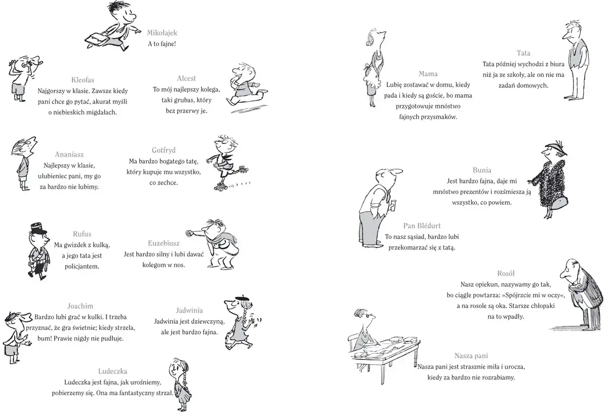 Mikołajek lektura klasa 4. Ilustracje przedstawiają bohaterów książki: Mikołajka, jego rodzinę i kolegów.