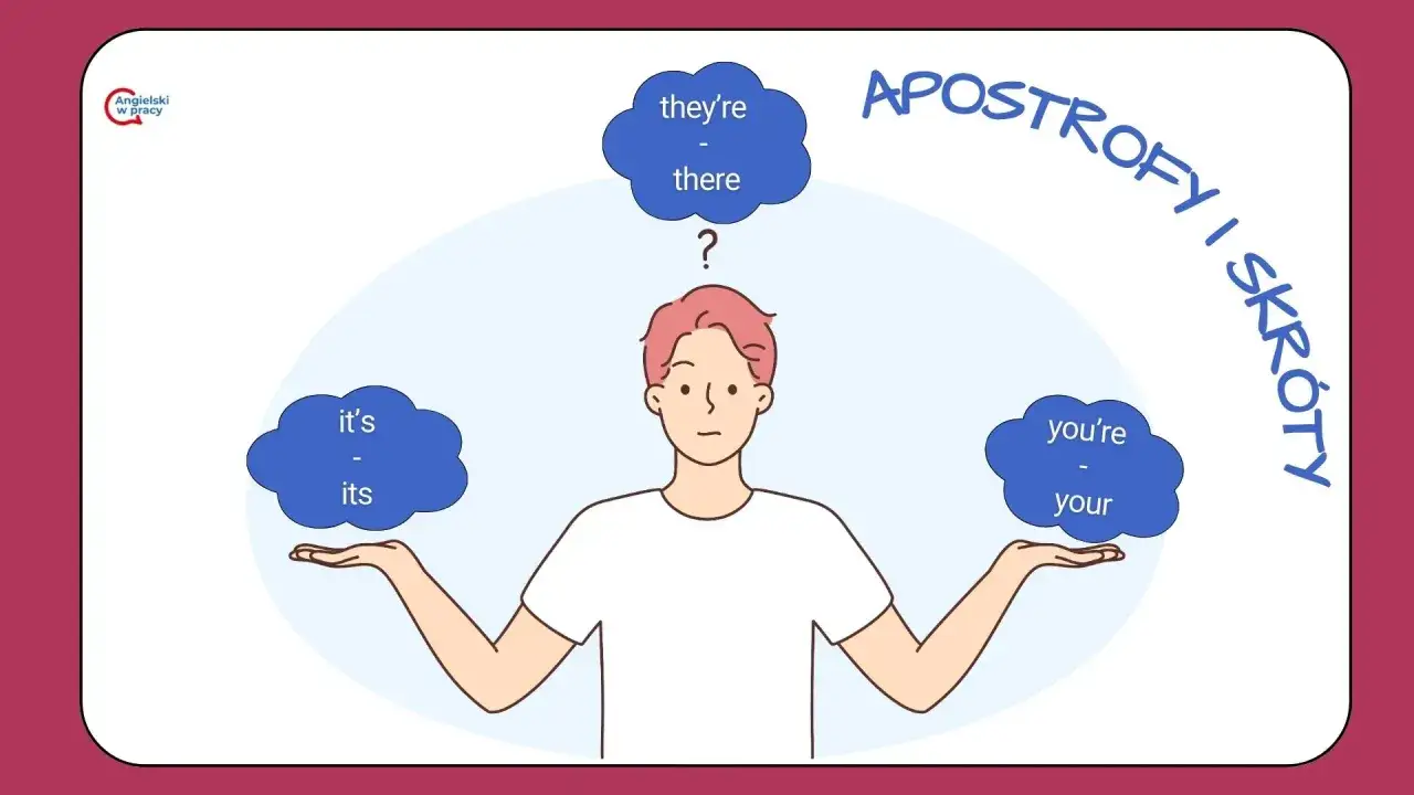 Chłopak zastanawia się, co to apostrofa, porównując pary słów: it's/its, they're/there, you're/your.