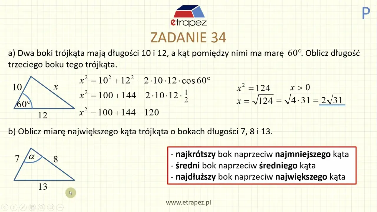 Zadanie 34: Obliczanie boku trójkąta za pomocą twierdzenia cosinusów. Przykład a) pokazuje zastosowanie wzoru.