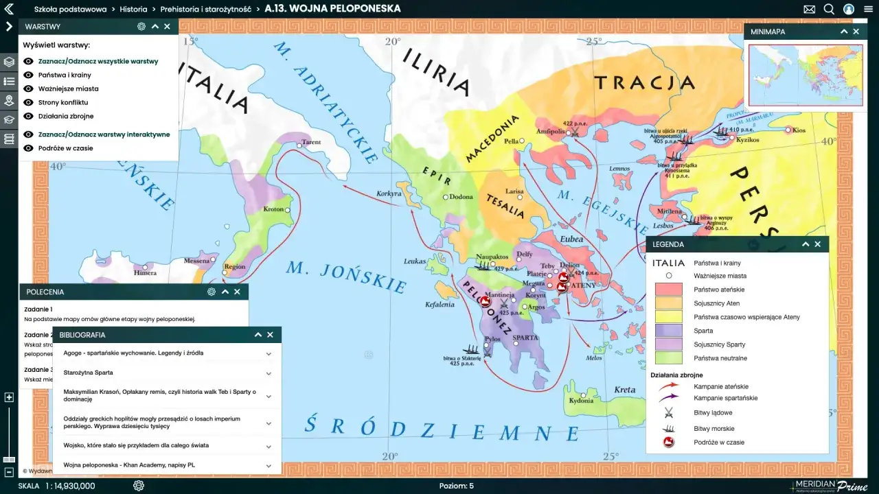 Mapa starożytnej Grecji, ukazująca wojnę peloponeską. Kolory oznaczają państwa i sojuszników, a symbole – bitwy. To wizualizacja walk o hegemonię.