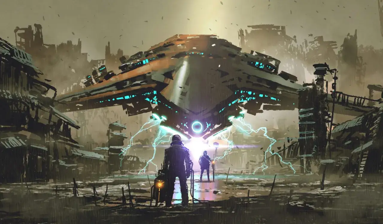 Dystopia co to? Dwóch ludzi w zniszczonym mieście patrzy na ogromny statek kosmiczny emitujący niebieskie światło i błyskawice.