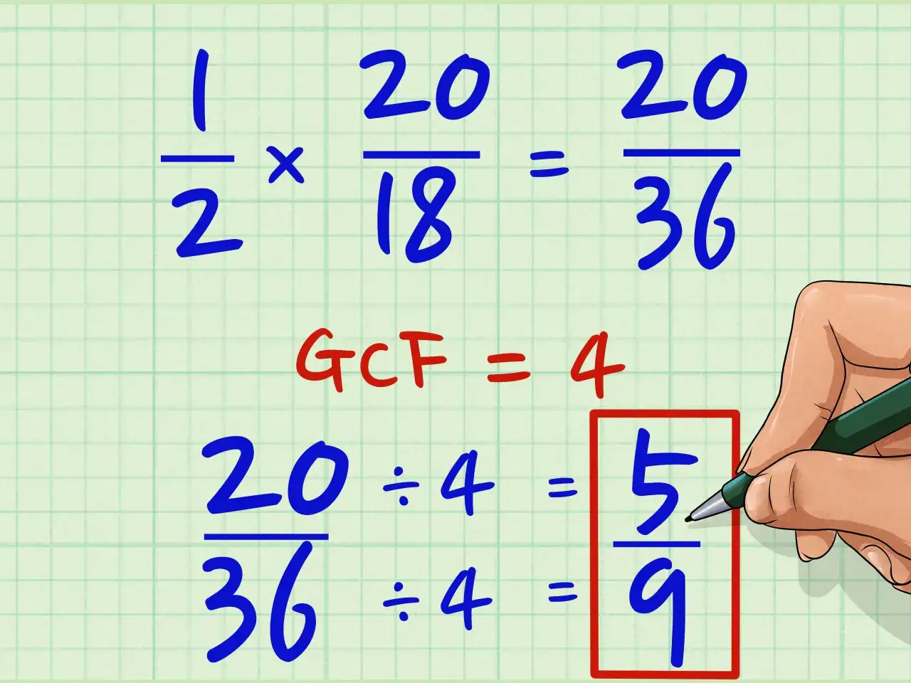 Przykład mnożenia i dzielenia ułamków zwykłych: 1/2 x 20/18 = 20/36. Po skróceniu przez GCF=4 otrzymujemy 5/9.