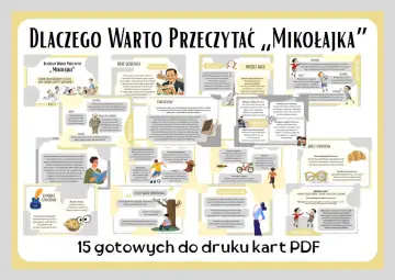 Mikołajek lektura klasa 4: plakat z opisem bohaterów, motywów i cytatów z książki.