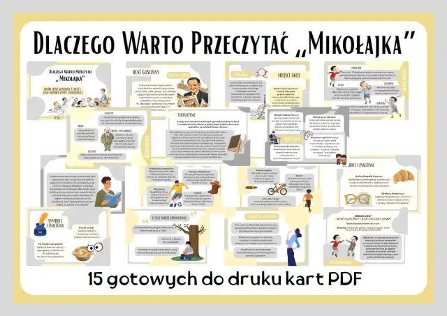 Mikołajek lektura klasa 4: plakat z opisem bohaterów, motywów i cytatów z książki.