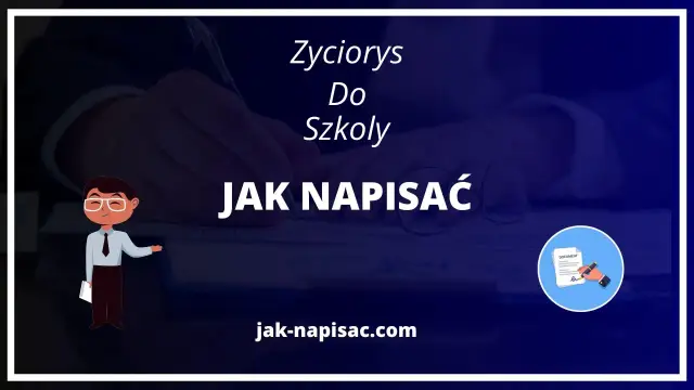 Jak napisać życiorys do szkoły? Ilustracja przedstawia postać w okularach i krawacie, wskazującą na tekst.
